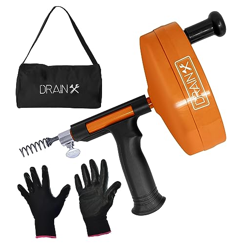 DrainX Drain Auger Pro | Heavy Duty Steel Drum Plumbing Drain Snake with 25-Ft Drain Cleaning Cable | Comes with Work Gloves and Storage Bag