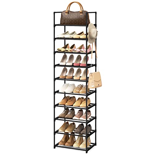 WEXCISE Narrow Shoe Rack 10 Tiers Tall Shoe Rack for Entryway 20 24 Pairs Shoe & Boots Organizer Storage Shelf Durable Black Metal Stackable Shoe Cabinet with Hooks, 17.1D x 11.8W x 78.7H in