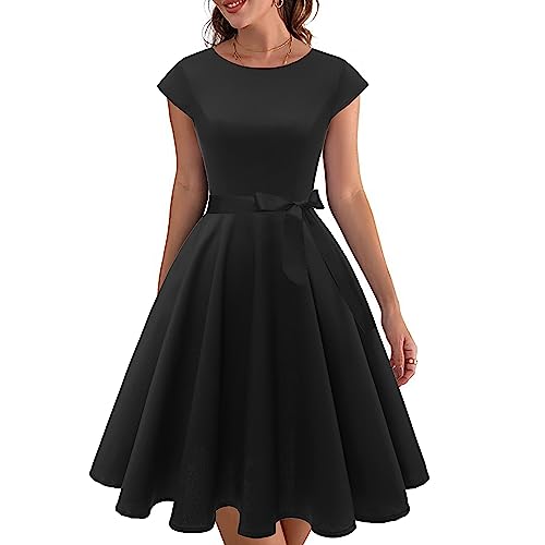 PUKAVT Women's 1950 Boatneck Cap Sleeve Vintage Swing Cocktail Party Dress with Pockets Black S