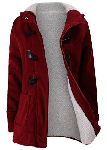 JiangWu Womens Fashion Horn Button Fleece Thicken Coat with Hood Winter Warm Jacket (Large, Wine-red)