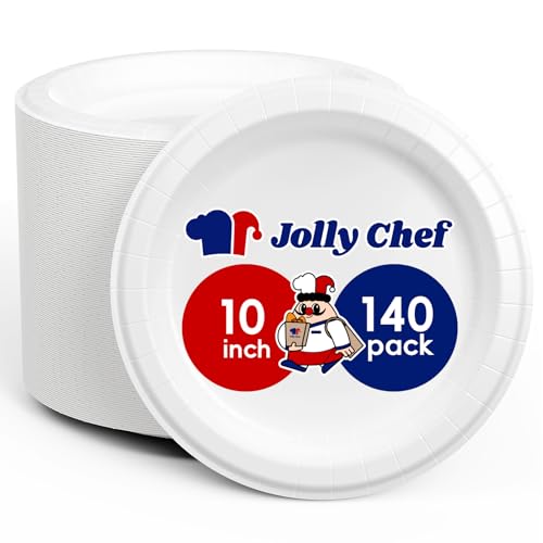 JOLLY CHEF10 inch 140 Pack Disposable Paper Plates,Soak Proof, Cut Proof, Microwave Safe Heavy Duty Paper Plates Everyday Use