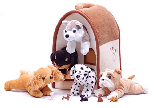 SFS Gifts Special Edition Unipak 12' Plush Dog House with 5 Stuffed Animal Dogs Featuring a Bulldog and Husky and 5 Bonus Mini Dog Figures