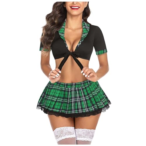 Women 2 Piece Sexy Schoolgirl Lingerie Set Sleeveless Plunge V Tights Crop Underwear Role Playing Student Costumes Nightgowns