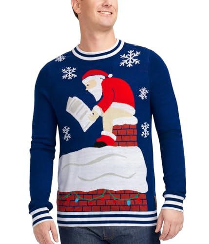 Tipsy Elves Men's Blue Santa Log on The Fire Ugly Christmas Sweater Size Medium