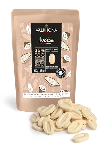 Valrhona Premium French Baking Creamy White Chocolate Discs (Feves) IVOIRE 35% Cacao. Easy Melt and Tempering. Hints of Vanilla & Warm Milk. For Sauces, Mousses, Frostings and Candies 250g (Pack of 1)