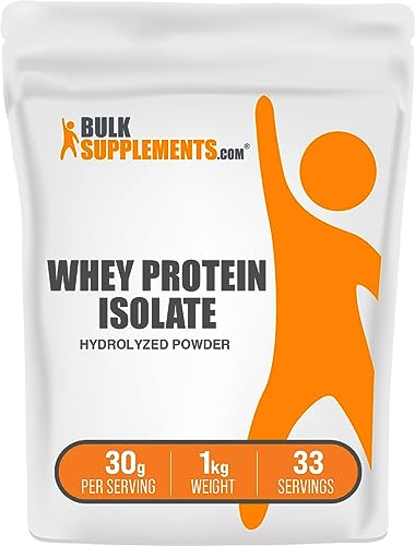 BULKSUPPLEMENTS.COM Hydrolzyed Whey Protein Isolate Powder - Unflavored Whey Protein Powder, Plain Protein Powder - Gluten Free, 30g per Serving, 1kg (2.2 lbs) (Pack of 1)