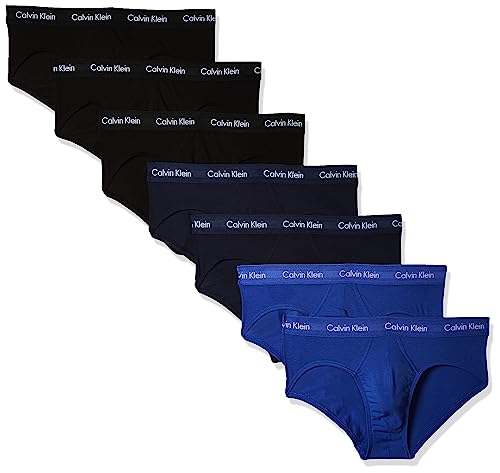 Calvin Klein Men's Cotton Stretch 7-Pack Hip Brief, 3 Black, 2 Blue Shadow, 2 Cobalt Water, L