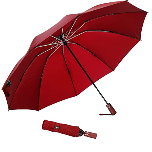 LANBRELLA Umbrella Reverse Umbrella Windproof Compact Folding Large Size Auto open close 10 ribs - Burgundy