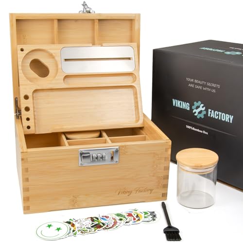 Viking Factory Large Bamboo Box Tray Set with Combination Lock, Lockable Home Decorative Box Bamboo, Upgrade Tray | Glass Jars | Accessory Tool