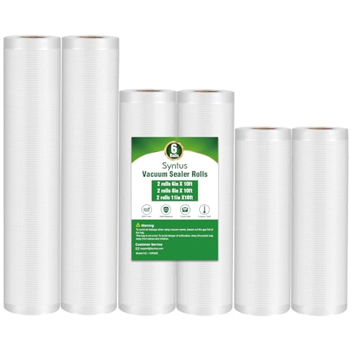 Syntus Vacuum Sealer Bags, 6 Pack 2 Rolls 11' x 10' and 2 Rolls 8' x 10' and 2 Rolls 6' x 10' Commercial Grade BPA Free Bag Rolls, Food Vac Bags for Storage, Meal Prep or Sous Vide