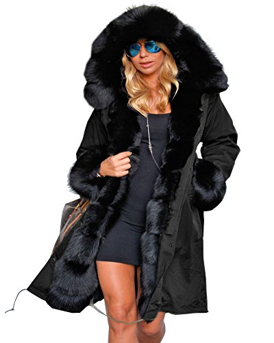Aox Women Fashion Winter Coat with Faux Fur Hood Thicken Warm Casual Plus Size Outdoor Jacket Parka (XX-Large, Black Faux Fur)