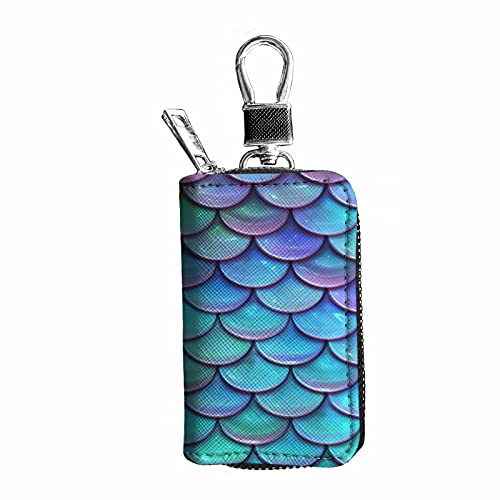 BIGCARJOB Mermaid Fish Scales Car Key Holder,Universal PU Leather Keychain for Womens Gifts,Metal Hook Keyring Zipper Bag Smart Key Protector Case