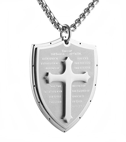 HZMAN Shield Armor of God Ephesians 6:16-17 Faith (Cross) Stainless Steel Pendant Necklace (Silver)