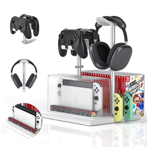 Switch Storage with Controller and Headphone Holder for Nintendo Switch & OLED, Dust Cover for Switch TV Dock, MLIFEMFUL Switch Game Stand, Video Game Gifts, Gamer Accessories Storage Headset Holder