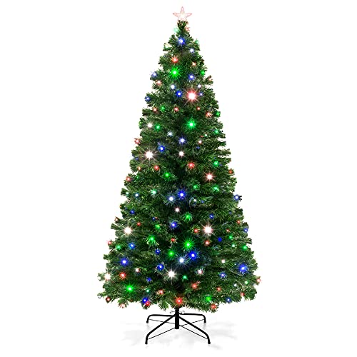 Best Choice Products 7ft Pre-Lit Fiber Optic Artificial Pine Christmas Tree, Holiday Décor Centerpiece w/ 280 Multicolored LED Lights, 8 Sequences, Foldable Stand