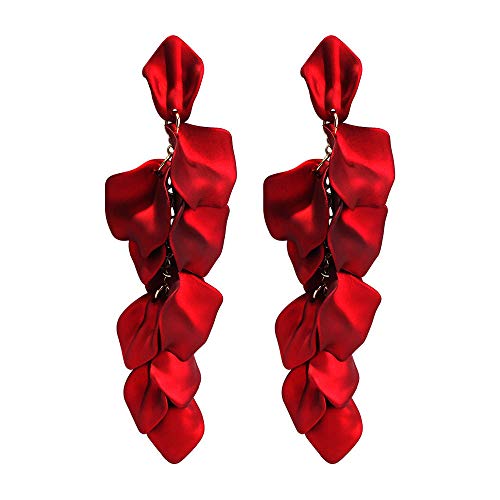 Dangle Acrylic Petal Earrings - Long Drop Rose Flower Earrings for Women and Girls (Red)