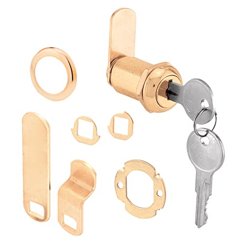 Prime-Line U 9946 Drawer and Cabinet Lock – Secure Important Files and Drawers, 1-1/8 in., Diecast Housing with Brass Finish, Fits on 13/16 in. Max Panel Thickness (1 Kit)
