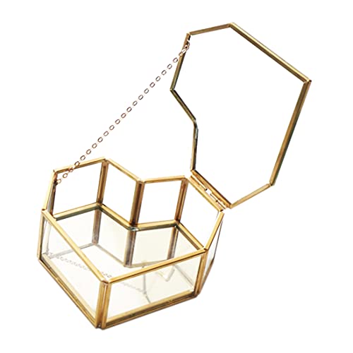 Small Glass Jewelry Box Clear Wedding Ring Box Heart Glass Trinkets Box with Lid Gold Glass Makeup Organizer Heart Shape Desktop Display box Glass Case Lidded Treasure Box for Home Décor