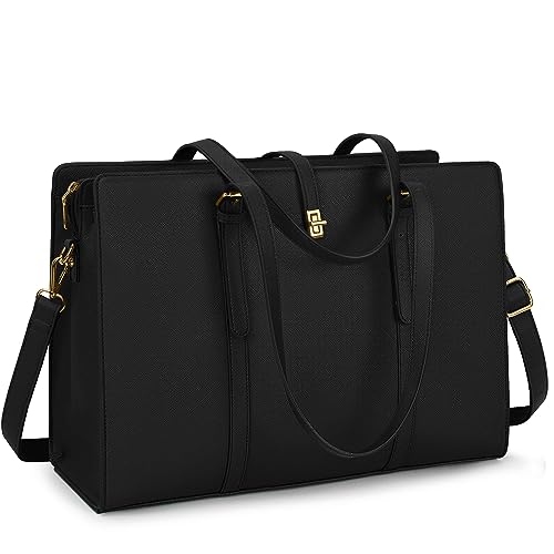 Laptop Bag for Women 15.6 Inch Leather Laptop Tote Bag Waterproof Womens Work Shoulder Bag Professional Computer Briefcase Business Office Bag Large Capacity Fashion Handbag Black