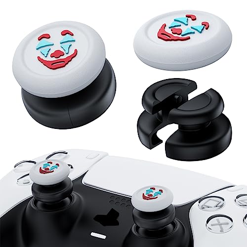 PlayRealm NO Falling Off Thumbstick Extender & Silicone Grip Cover 2 Sets for PS5 & PS4 Controller (Joker White)