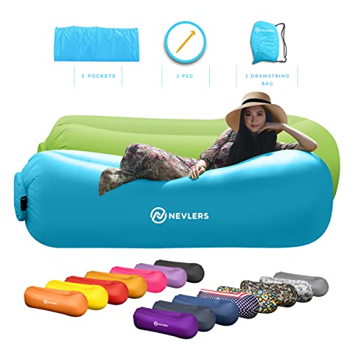 Nevlers 2 Pack Blue & Green Inflatable Loungers Air Sofa Perfect for Beach Chair Camping Chairs or Portable Hammock and Includes Travel Bag Pouch and Pockets | Camping Accessories Blow Up Lounger