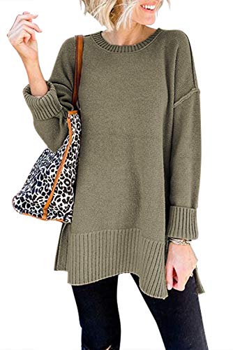 MEROKEETY Women's 2023 Fall Casual Crew Neck Side Split Pullover Sweater Loose Long Sleeve Jumper Top, Green, L