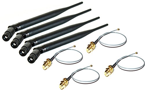 Super Power Supply 4 x 6dBi RP-SMA Dual Band 2.4GHz 5GHz + 4 x 8in / 20cm U.fl / IPEX Cable Antenna Mod Kit No Soldering for Wireless WiFi Routers Netgear R6100 RC6200 V1 V2 R6250 RC6300 AC1450 WNDR4700 Belkin F9K1112 AC1000 F9K1113 V1 V2 AC1200 F9K1115 V1 V2 AC1750 Buffalo WHR-600D WHR-300HP2 WHR-300HP2D WHR-1166D WZR-1750DHP WZR-1750DHPD D-Link DIR-868L DIR-850L DIR-860L DGL-5500 DIR-820L DIR-810L DIR-510L DIR-808L DIR-855L DIR-836L DIR-826L DIR-636L DIR-857 DIR-645 DIR 865L ; AC1750 AC1600 AC1200 N900 N750 N600 N300 Mini PCIe Cards Network Extension Bulkhead Pigtail PCI WiFi WAN Repeater