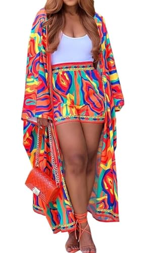 Two Piece Vacation Short Sets for Women Chiffon Coverup Kimono Set Flowy Beach Boho Duster M