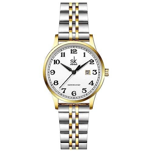 SHENGKE SK Classic Business Women Watches with Stainless Steel Band and Genuine Leather Elegant Ladies Calendar Watch (Silver-Gold)