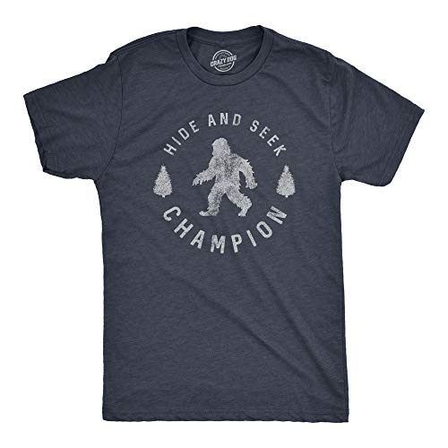 Crazy Dog Men T Shirt Hide and Seek Champion Funny Sasquatch Campfire Story Legend Shirt Bigfoot Tee Humor Witty Graphic Print Heather Navy L