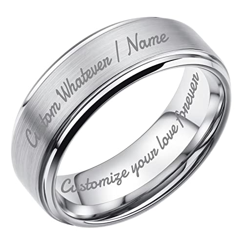 King Will BASIC 8mm Silver Custom Engraved Tungsten Carbide Ring, Mens Women Custom Wedding Band Polished Beveled Edge, Tungsten Engraved Ring Matte Brushed Finish Center 9