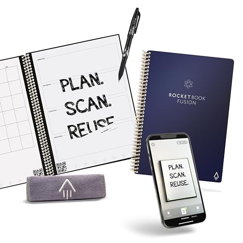 Rocketbook Planner & Notebook, Fusion : Reusable Smart Planner & Notebook | Improve Productivity with Digitally Connected Notebook Planner | Dotted, 6' x 8.8', 42 Pg, Midnight Blue