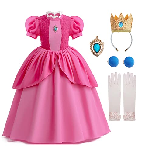 Xefenki Princess Peach Dress Costume for Kids,Super Princess Peach Dress Birthday Gifts for Girls Halloween Cosplay Costumes Size 4T-5T