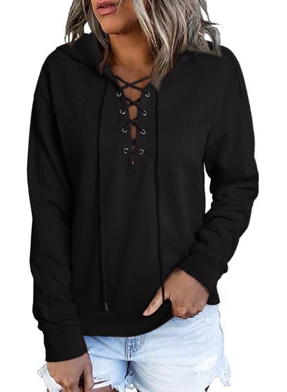 Dokotoo Womens Winter Plus Size Sweatshirts Long Sleeve Hoodies Sexy Lace Up Criss Cross V Neck Drawstring Hooded Sweatshirt Casual Plain Comfy Soft Pullovers Tops Shirts Black XL