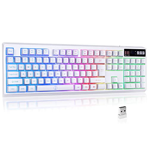 ZJFKSDYX L104 Wireless Gaming Keyboard, Rechargeable 3000mAh 2.4G LED Backlit Wireless Keyboard, Ergonomic Keyboard with Mechanical Feeling Keys for PC PS4 Xbox One Mac, Teclado Gamer (White)