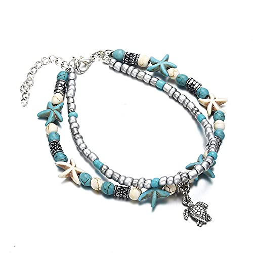 Softones Blue Starfish Turtle Anklet Multilayer Charm Beads Sea Handmade Boho Anklet Foot Jewelry for Women Girl