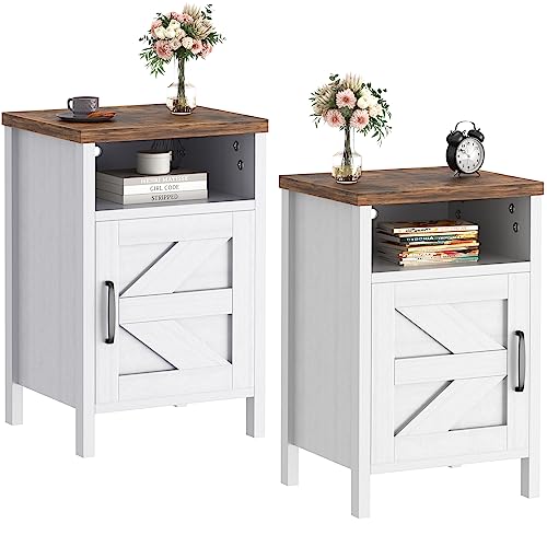JUMMICO Farmhouse Nightstand, Modern Bedside Table Set of 2 with Barn Door and Shelf, Rustic End Table Side Table for Bedroom, Living Room (White)