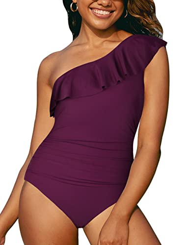 Hilor Women's One Piece Swimsuits One Shoulder Swimwear Asymmetric Ruffled Monokinis Bathing Suits Burgundy 10