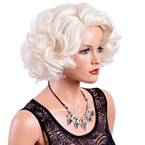 GNIMEGIL Short Blonde Curly Wigs for Women Big Wavy 80s Flip Wigs Cosplay Costume Party Halloween Synthetic Platinum Blonde Hair Natural Mommy Wigs with Wig Cap