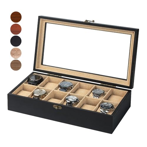 Exper City Watch Box, Watch Case for Men Women with Large Glass Lid, Wooden Watch Display Storage Box with 12 - Slots, Black Mens Watch Box Organizer for Christmas Gift