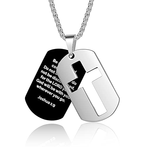 ZRAY Dog Tag Necklace for Men Bible Verse Cross Pendant Stainless Steel Chain 24inch Inspirational Christian Jewelry Meaningful Religious Gift for Boys（Be Strong）
