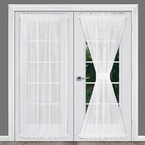 Rose Home Fashion RHF Voile French Door Curtains Set of 2 Panels, 40W by 72L Inches, White Sheer Glass Door Curtains with Tieback (W40 x L72|2 Panels, White)