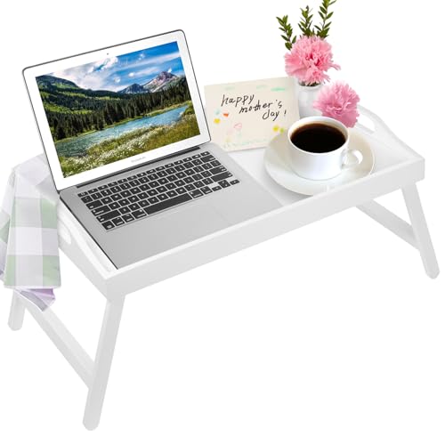 Bed Tray Table with Handles Folding Legs Bamboo Breakfast Food Tray with Media Slot for Platters,Laptop Desk,Snack,TV Tray Kitchen Serving Tray