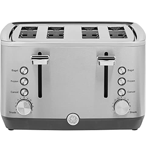 GE Stainless Steel Toaster | 4 Slice | Extra Wide Slots for Toasting Bagels, Breads, Waffles & More | 7 Shade Options for the Entire Household to Enjoy | Countertop Kitchen Essentials | 1500 Watts