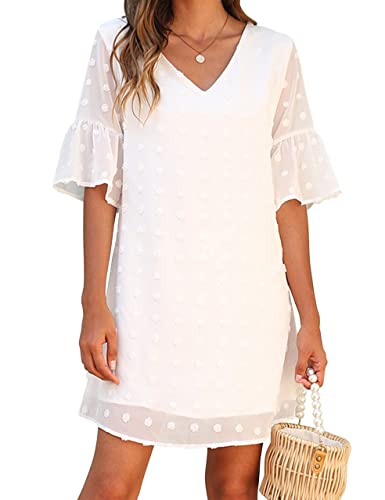 Blooming Jelly Womens White Dresses Short Sleeve V Neck Ruffle Cute Sun Dress Chiffon Flowy Shift Mini Dress（M,White）