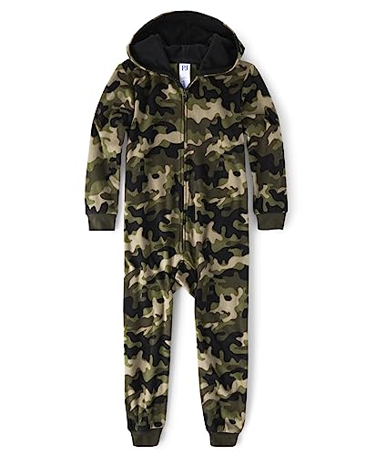 The Children's Place Boys' Long Sleeve Fleece Zip Up One Piece Pajama, Green Camo