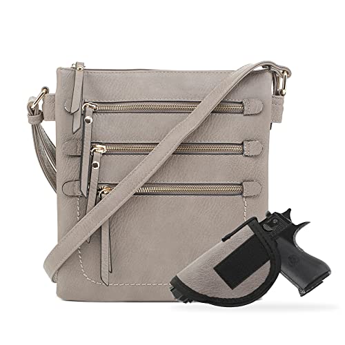 JESSIE & JAMES Double Compartment Multi-Zipper Triple Zip Pockets Concealed Carry Crossbody Bag with Lock and Key | Gray