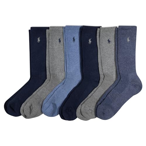 POLO RALPH LAUREN Men's Classic Sport Performance Cotton Crew Socks 6 Pair Pack, Denim, Men's Shoe Size 6-12.5