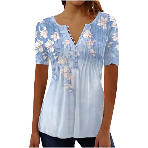 SKDOGDT Womens Tops Hide Belly Fat Shirts Summer Pleated Button V Neck T-Shirt Causal Empire Waist A-Line Floral Tunic Tops
