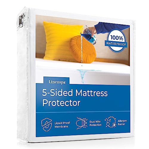 LINENSPA Waterproof 5-Sided Premium Mattress Protector – Breathable and Hypoallergenic – Fitted Sheet Style Machine Washable Protector – Twin